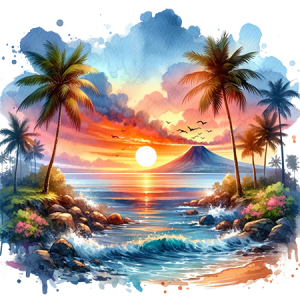 Tropical Sunset Cove with Palm Trees, Ocean Waves, and Island Volcano Horizon