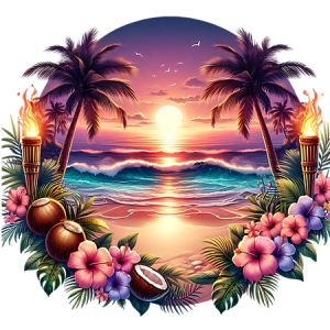Golden Beach Sunset Scene with Palm Trees, Ocean Waves, and Tropical Floral Border