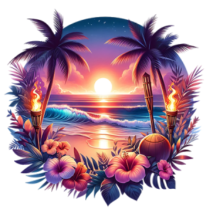 Tropical Sunset Circle with Palm Trees, Tiki Torches, and Ocean Glow