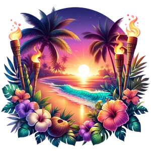 Vibrant Island Shoreline with Palm Trees, Hibiscus Flowers, and Tiki Flames