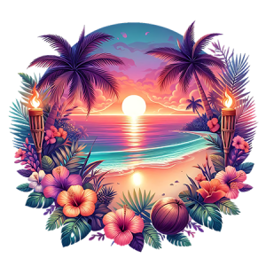 Soft Pastel Beach Sunset with Palm Trees, Coastal Flowers, and Calm Ocean