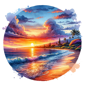 Painted Coastal Sunset with Ocean Waves, Colorful Sky, and Beach Shoreline