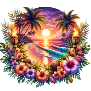 Tropical Sunset Circle with Palm Trees, Hibiscus Flowers, and Tiki Torch Glow