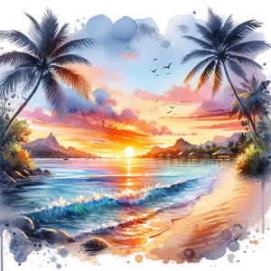 Soft Watercolor Beach Sunset with Palm Trees, Ocean Waves, and Distant Mountains