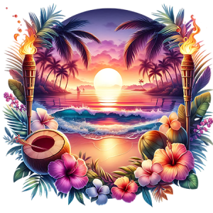 Vibrant Island Sunset with Palm Trees, Ocean Waves, and Tropical Coconut Detail