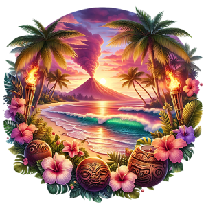 Tropical Volcano Sunset with Palm Trees, Ocean Waves, and Island Tiki Accents