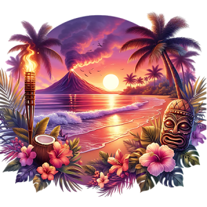 Radiant Island Sunset with Palm Trees, Ocean Waves, and Tropical Tiki Elements