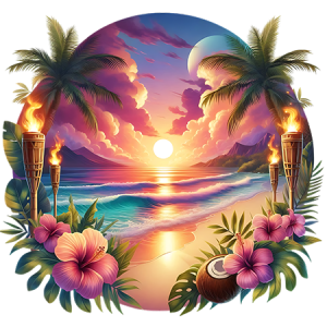 Tropical Sunset Circle with Palm Trees, Hibiscus Flowers, and Island Moon Glow