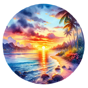 Painted Ocean Sunset Circle with Coastal Shoreline, Mountains, and Colorful Sky