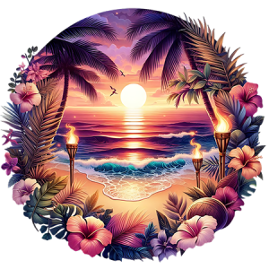 Vibrant Coastal Sunset with Palm Trees, Tiki Torches, and Ocean Glow