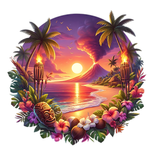 Tropical Volcano Sunset with Palm Trees, Ocean Waves, and Island Tiki Details
