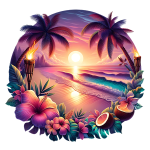 Tropical Sunset Circle with Palm Trees, Ocean Waves, and Hibiscus Floral Frame