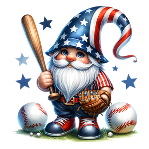 Patriotic Baseball Gnome with American Flag Hat, Bat, and Star Background