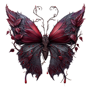 Dark Red and Black Gothic Rose Butterfly with Leaf Details and Deep Shadow Wings