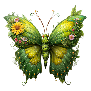 Bright Green and Yellow Floral Butterfly with Leaf Wings and Garden Bloom Detail