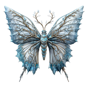 Light Blue and White Frost Butterfly with Branch Vein Wings and Icy Detail