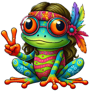Colorful Hippie Frog with Peace Sign, Feather Headband, and Round Glasses
