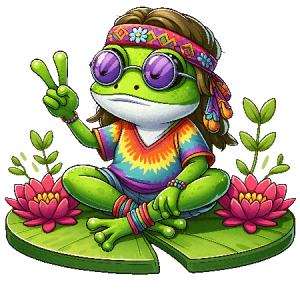 Groovy Frog Sitting on Lily Pad with Peace Sign, Sunglasses, and Tie-Dye Shirt
