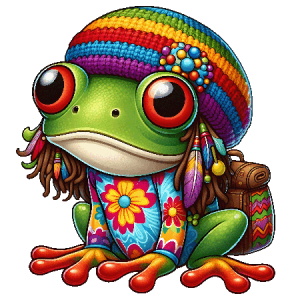 Rainbow Beanie Frog with Backpack, Flower Shirt, and Hippie Festival Style
