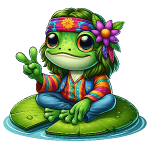 Cute Flower Crown Frog Sitting on Lily Pad with Peace Sign and Boho Outfit