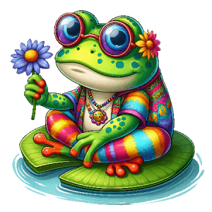 Cute Hippie Frog Holding Flower, Sitting on Lily Pad with Rainbow Outfit and Retro Glasses