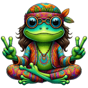 Groovy Hippie Frog Sitting Cross-Legged with Peace Signs, Headband, and Retro Boho Outfit