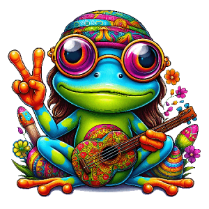 Psychedelic Frog Playing Guitar with Peace Sign, Round Glasses, and Colorful Hippie Style