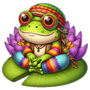 Boho Frog Sitting on Lily Pad with Lotus Flower Background, Headband, and Rainbow Outfit