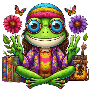 Hippie Frog Sitting Cross-Legged with Peace Signs, Flowers, Butterflies, and Guitar