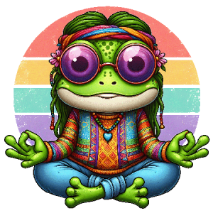 Groovy Frog Meditating with Peace Hands, Rainbow Background, and Retro Hippie Outfit