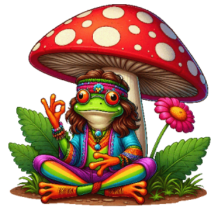 Hippie Frog Sitting Under Mushroom with Peace Hand, Flower, and Psychedelic Boho Style
