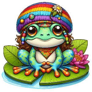 Boho Frog Sitting on Lily Pad with Rainbow Beanie, Flower, and Cute Hippie Style