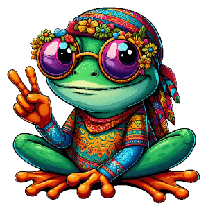 Groovy Frog Sitting Cross-Legged with Peace Sign, Round Glasses, and Colorful Boho Style
