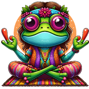 Meditating Hippie Frog Sitting Cross-Legged on Rug with Flower Crown, Glasses, and Boho Outfit