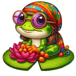 Cute Frog Sitting on Lily Pad with Lotus Flower, Headscarf, and Retro Hippie Style