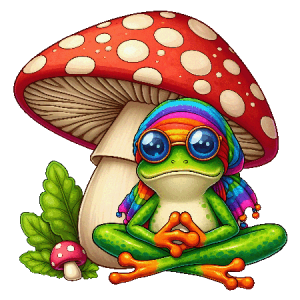 Hippie Frog Sitting Under Red Mushroom with Headscarf, Glasses, and Psychedelic Style