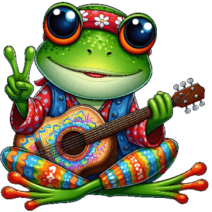 Groovy Frog Playing Guitar with Peace Sign, Headband, and Colorful Hippie Outfit