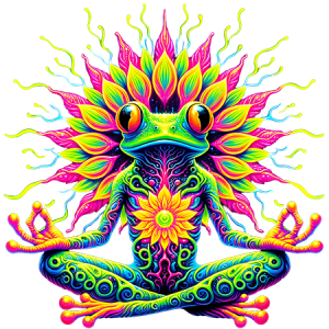Psychedelic Meditating Frog with Neon Mandala Flower Aura and Trippy Rainbow Design