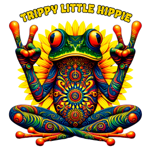 Trippy Little Hippie Frog Sitting Cross-Legged with Peace Signs and Sunflower Mandala Background