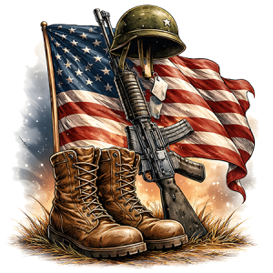 Soldier Boots and Helmet with American Flag