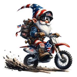 Off-Road Biker Gnome Riding Dirt Bike with Backpack and Adventure Trail Scene