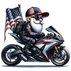 Patriotic Sport Bike Gnome Riding Motorcycle with American Flag and Sunglasses