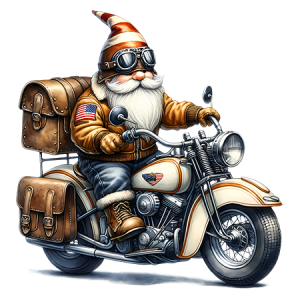Vintage Biker Gnome Riding Motorcycle with Leather Bags and Aviator Goggles