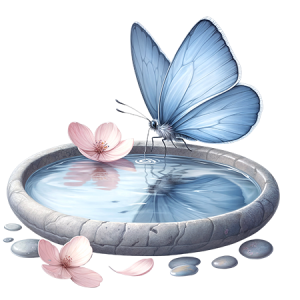 Blue Butterfly Drinking Water with Pebbles
