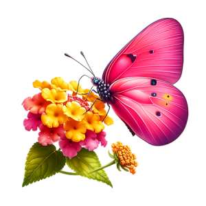 Pink Butterfly On Yellow and pink Flowers
