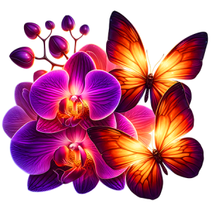 Glowing orange Butterflies with purple flowers