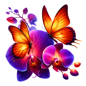 Glowing orange Butterflies landing on purple flowers
