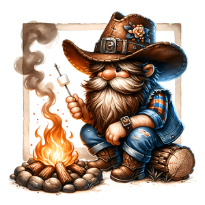 Campfire Cowboy Gnome Roasting Marshmallow with Western Hat and Rustic Scene