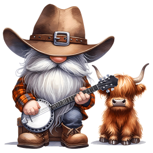 Country Cowboy Gnome Playing Banjo with Highland Cow in Farm Setting