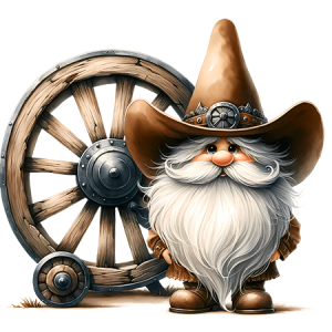 Rustic Cowboy Gnome Standing by Wooden Wagon Wheel with Western Farm Detail